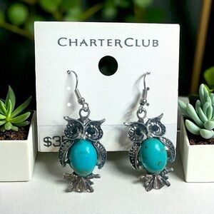 Charter Club Owl Drop Earrings – Turquoise-Style Stones, Silver Tone